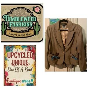 Brown Blazer with Blue Velvet Accents and Western Panel 🌸Upcycled 🌸